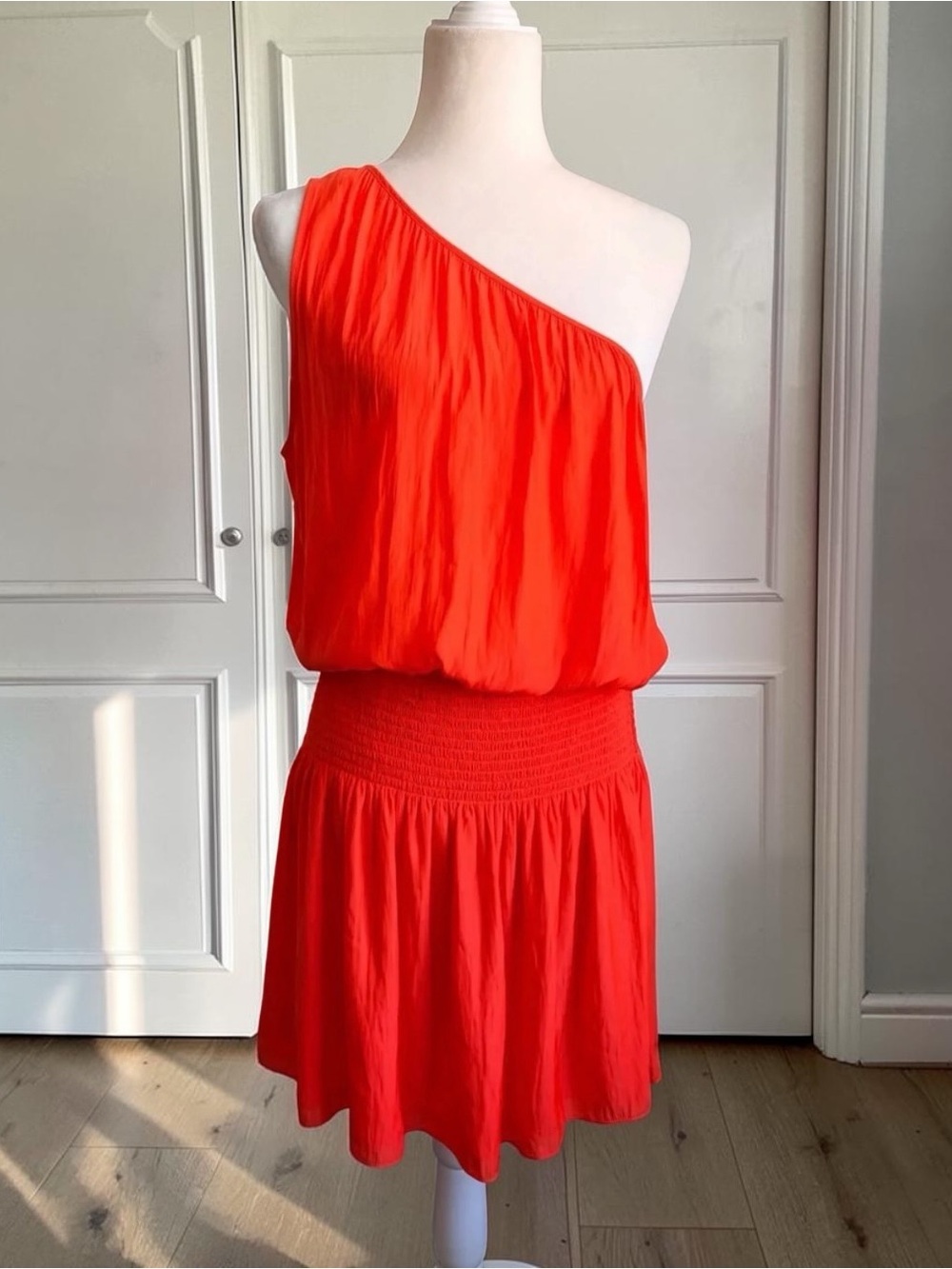 NWT Ramy Brook Leila One Shoulder Smocked Waist Dress Large Red